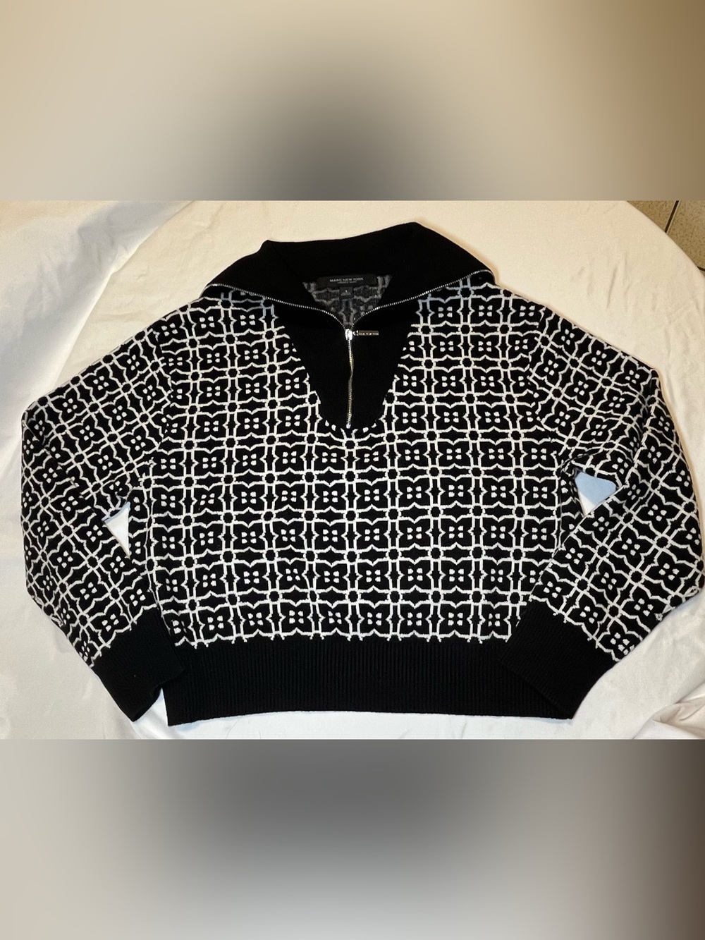 Marc New York Black & White Geometric Zip-Front Turtleneck Sweater